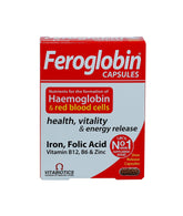 Vitabiotics Feroglobin iron supplement box of capsules with iron folic acid vitamins B12 B6 and zinc